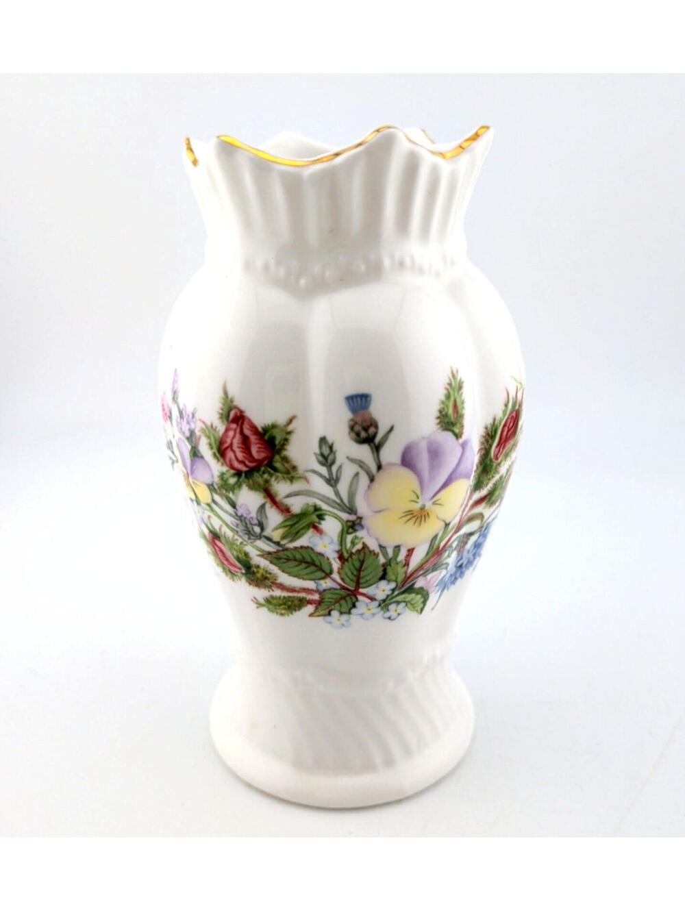 Aynsley Wild Tudor Scalloped Floral Bone China Vase Jardiniere Gold Trim England